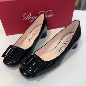 Roger Vivier Black Patent Block Heel Pumps with Buckle Accent